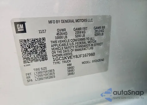 2018 Chevrolet Silverado K2500 Heavy Duty Lt z USA, uszkodzony, nr VIN 1GC1KVEY8JF167960